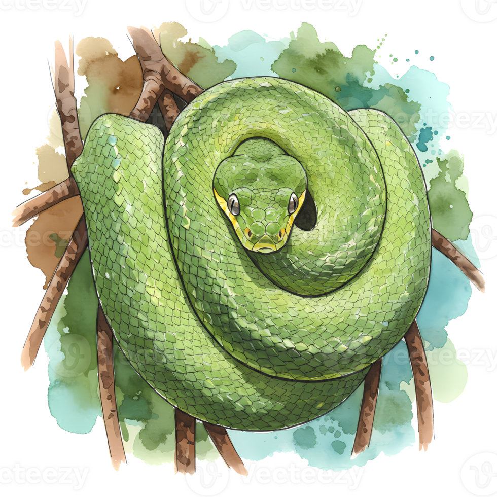 Emerald tree boa artwork showcases bright green snake coiled on branches, rendered in watercolor style with vivid details, transparent background png