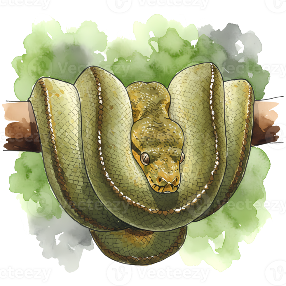 Watercolor illustration of a green tree python coiled on a branch against a vibrant green and white backdrop with transparent aspects, transparent background png