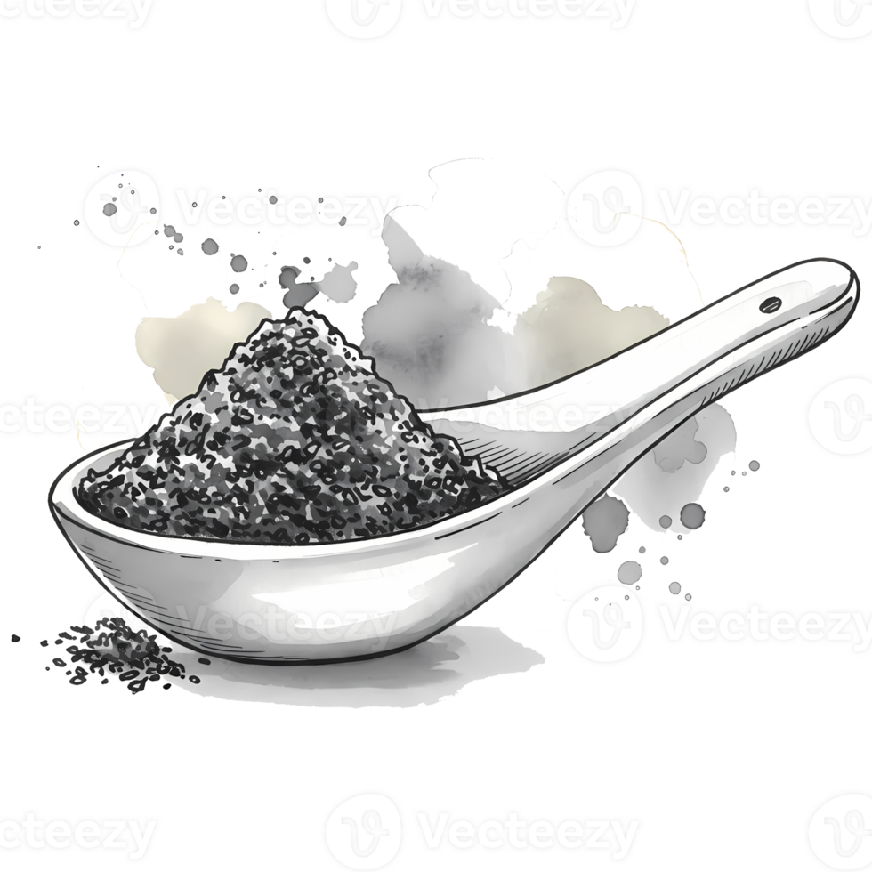 Black sesame seeds on a spoon showcase flavorful ingredient for culinary arts, adding depth and texture to diverse dishes. png