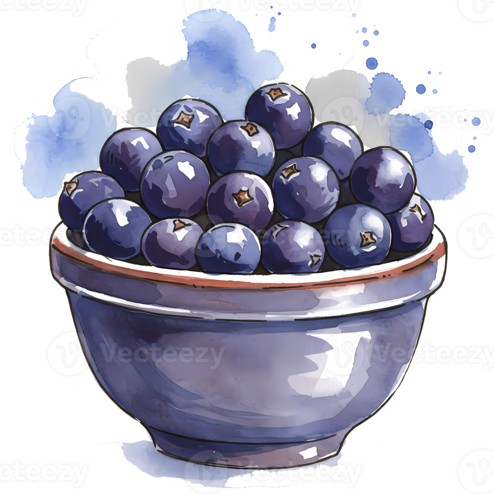Bowl brimming with juicy blueberries depicted in watercolor, showcasing a vibrant and fresh healthy treat. png