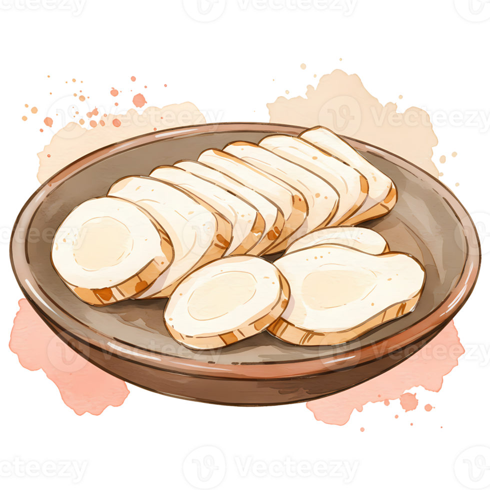 Sliced burdock root beautifully arranged on a plate, showcasing its freshness and natural appeal in a watercolor style illustration. png