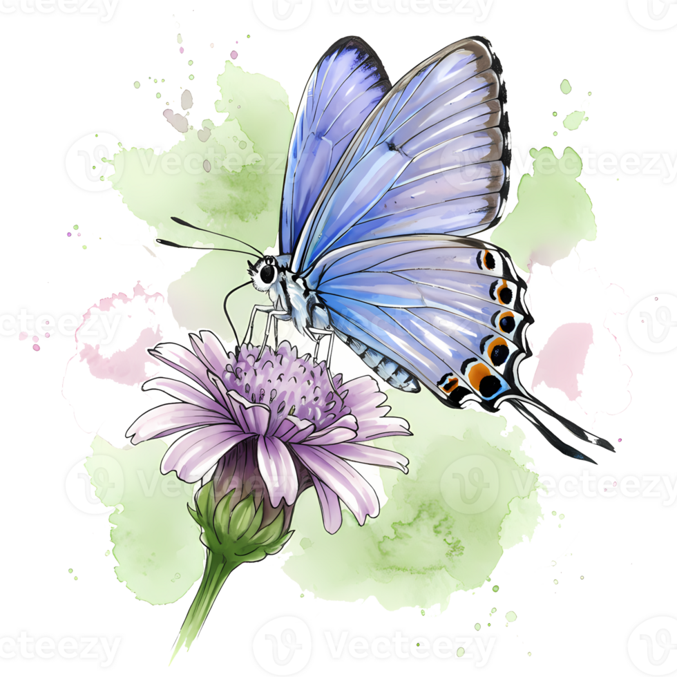 A beautiful blue butterfly rests gracefully on a delicate purple flower, enhanced by watercolor accents against a transparent backdrop, transparent background png