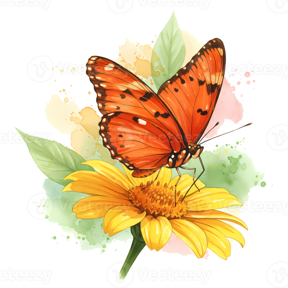 Monarch butterfly rests on a cheerful yellow flower with watercolor design, conveying the beauty and serenity of nature. png