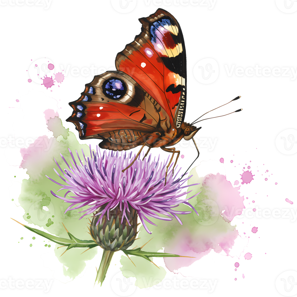 A watercolor illustration of a beautiful peacock butterfly perched delicately atop a vibrant purple thistle flower on a transparent background. png