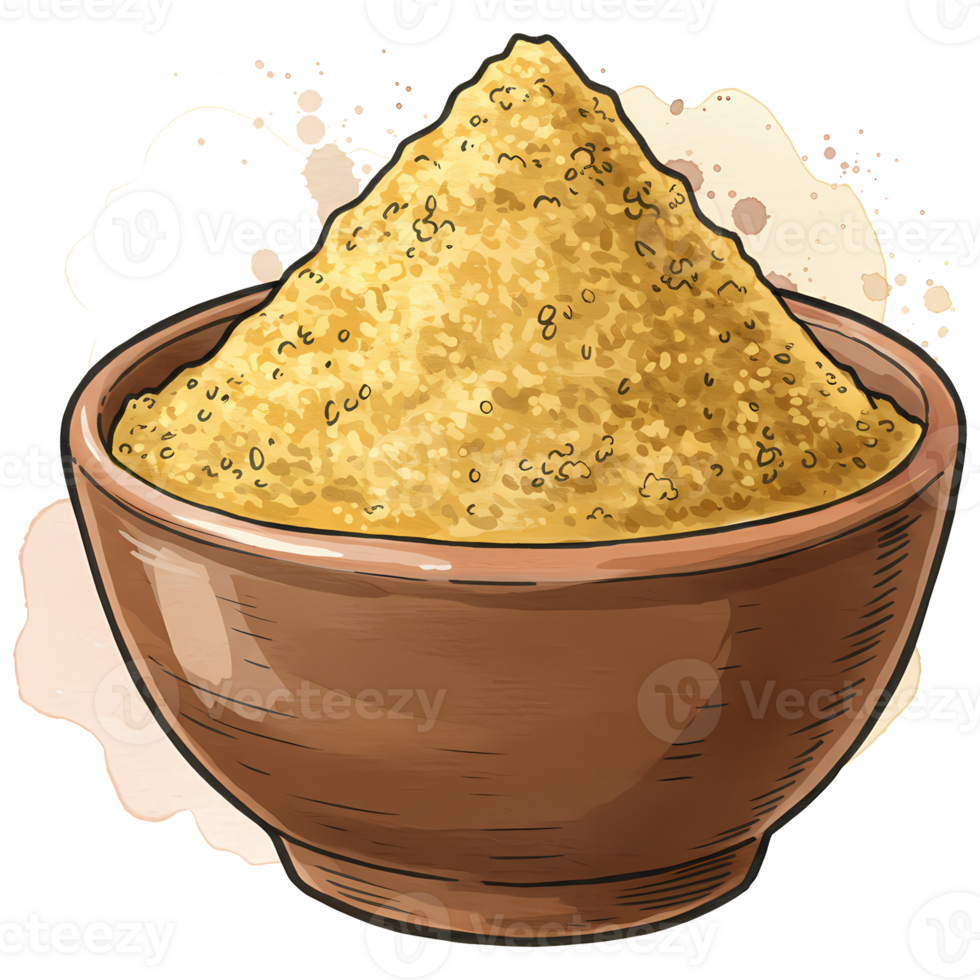 Golden grain in a brown ceramic bowl creates an organic texture and healthy food concept for cooking and baking. png