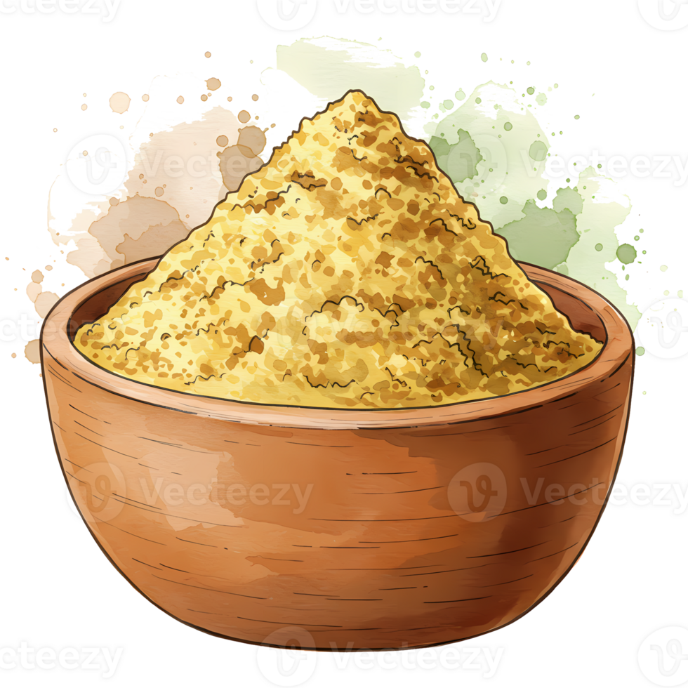 Yellow cornmeal illustration fills a wooden bowl, a staple ingredient used in many baking and cooking recipes. png
