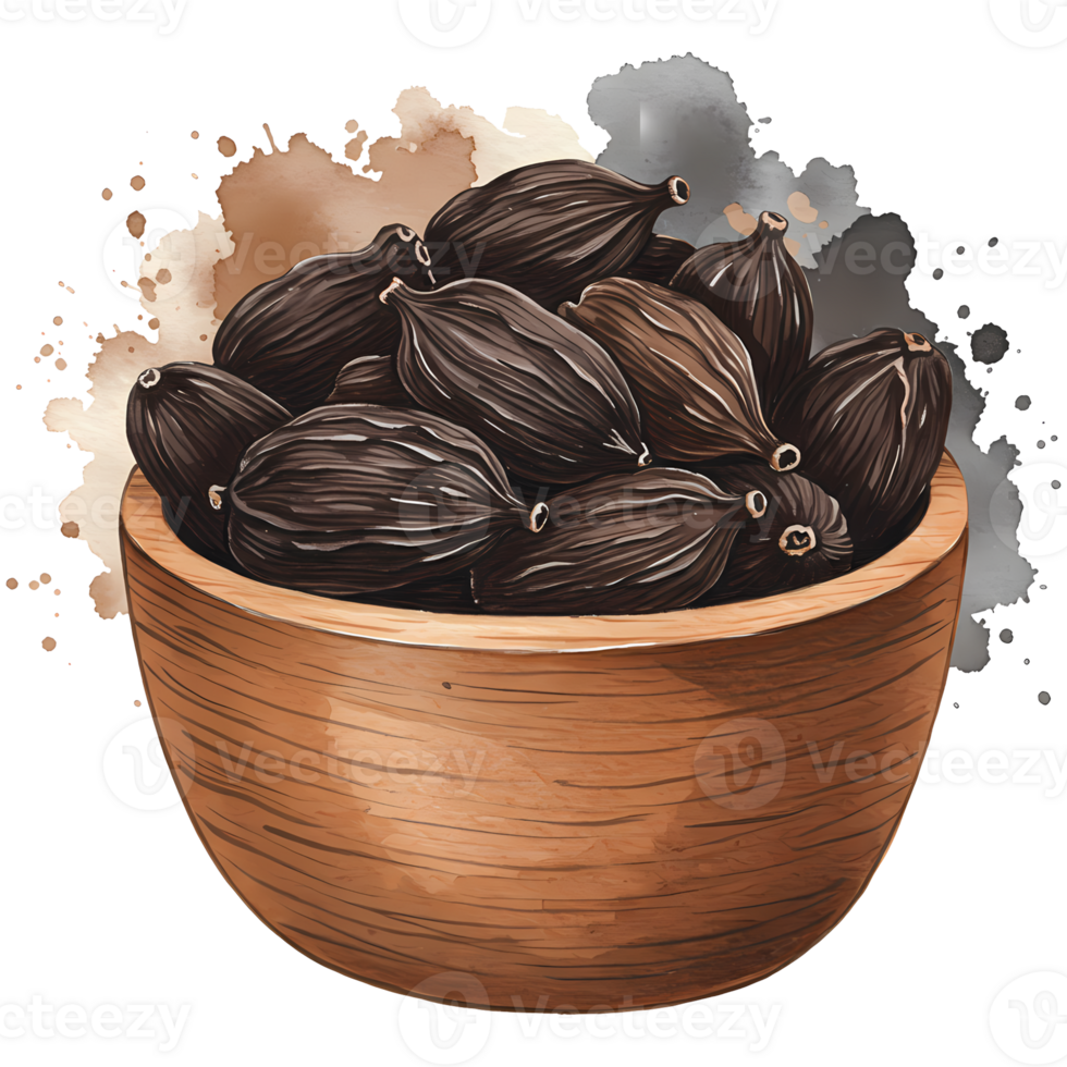 A bowl overflowing with dark cardamom pods, presented in a watercolor style against a transparent background, perfect for culinary themes. png