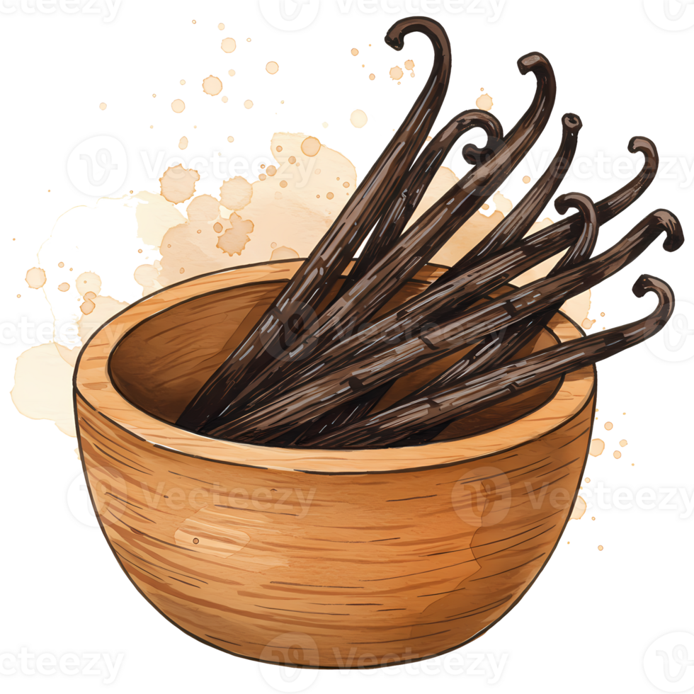 Vanilla pods rest elegantly inside a wooden bowl, evoking culinary artistry and natural spice aroma for gourmet baking. png