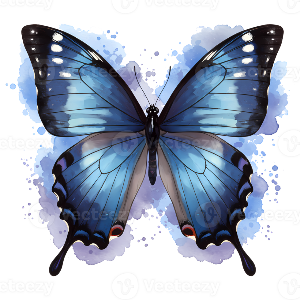 Captivating blue butterfly with intricate wing details and a soft, watercolor background, creating an elegant design. png