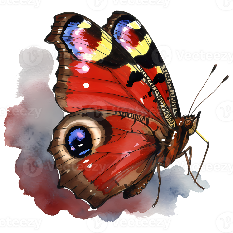 Gorgeous butterfly with detailed red wings shown in a delicate watercolor illustration, perfect for spring designs. png