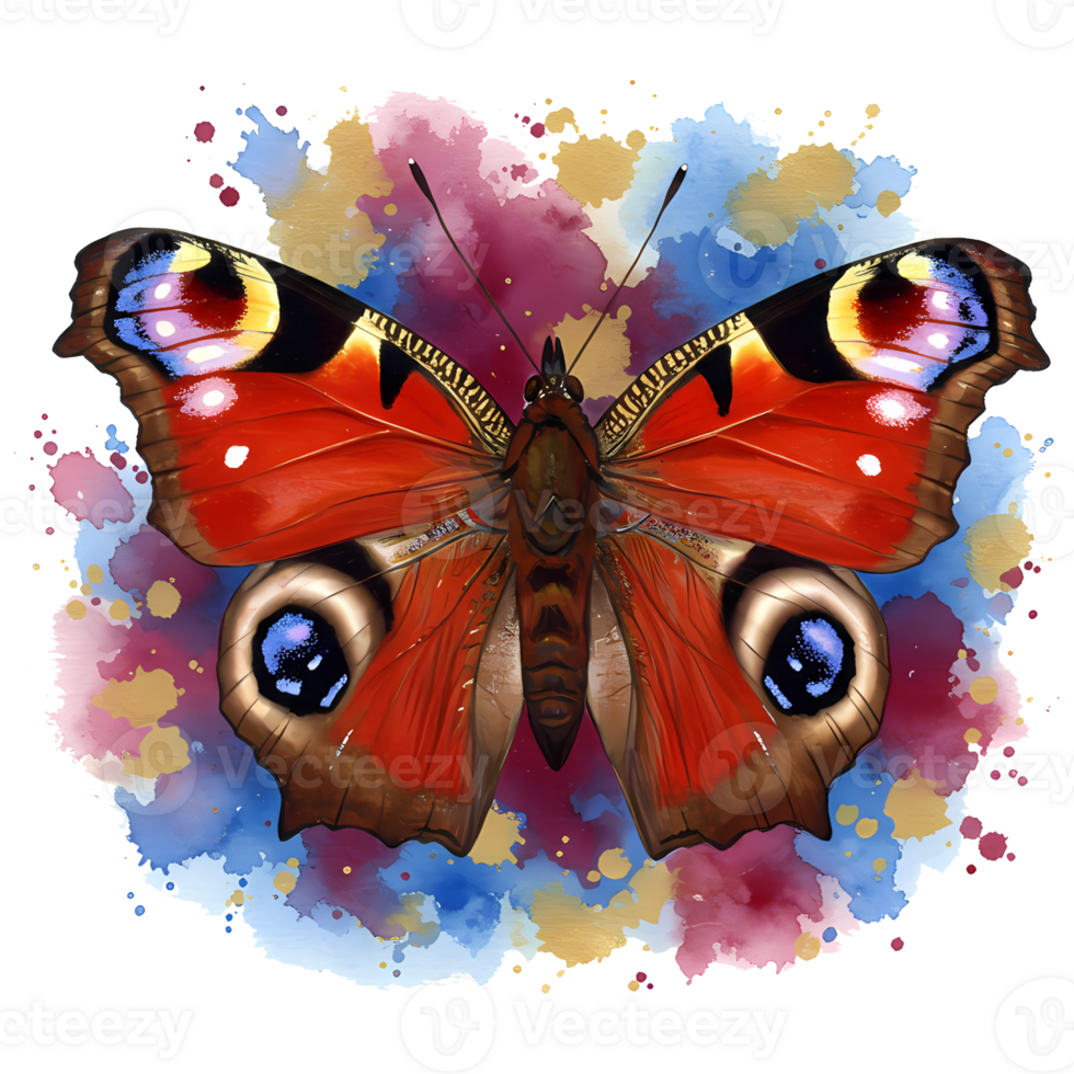 A beautifully detailed peacock butterfly illustration showcasing vibrant wing patterns on a splashy watercolor background with transparent elements, transparent background png