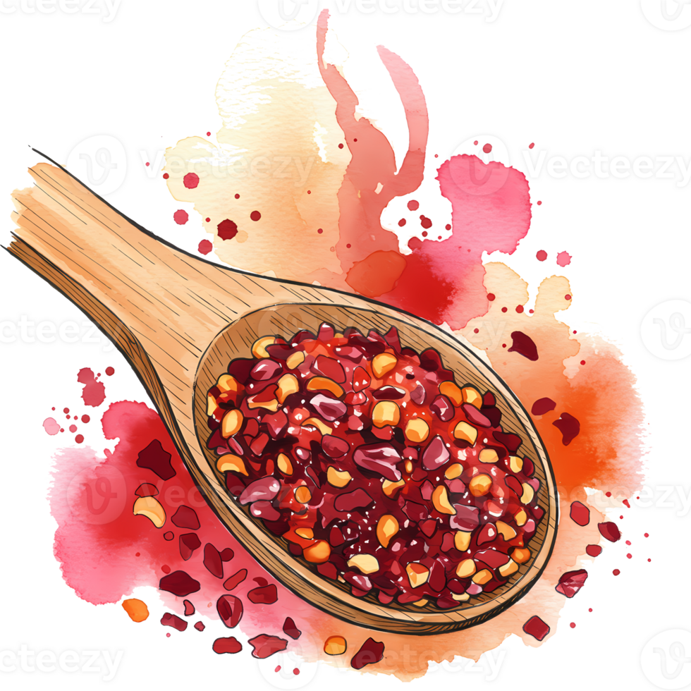 A charming watercolor of chili flakes fills a wooden spoon against a vibrant, artistic splatter background with a transparent design, transparent background png