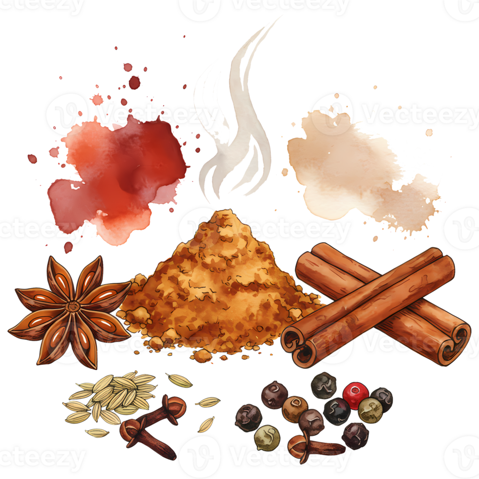 A watercolor illustration showcases an arrangement of culinary spices like cinnamon, star anise, cloves, peppercorns, and powder against a black backdrop, transparent background png