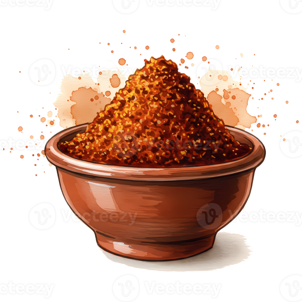 A bowl overflowing with vibrant red chili powder, set against a stark transparent background with artistic watercolor splotches. png