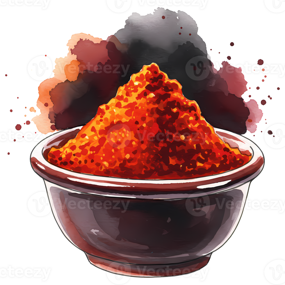 Appetizing bowl of vibrant chili powder, a fiery spice rendered in a watercolor style against a transparent backdrop, transparent background png