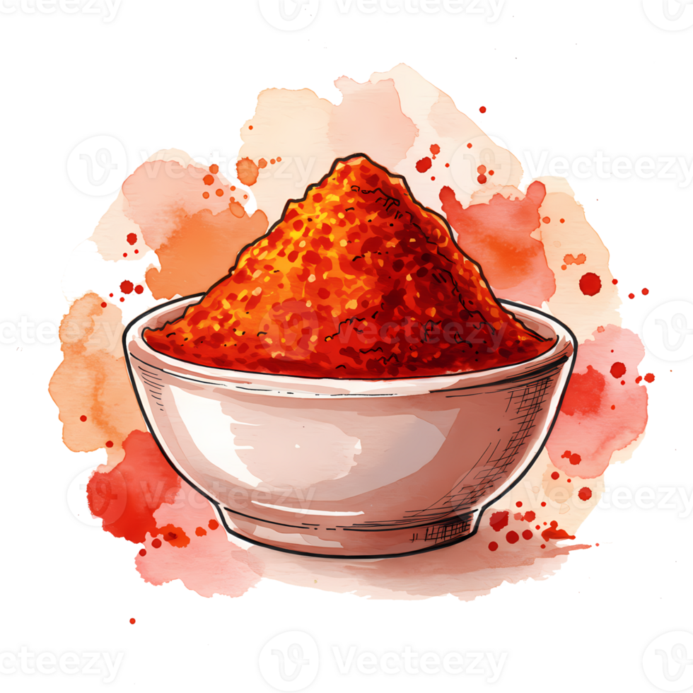 Delicious paprika powder in a white bowl presented with a beautiful watercolor style against transparent background for culinary projects. png