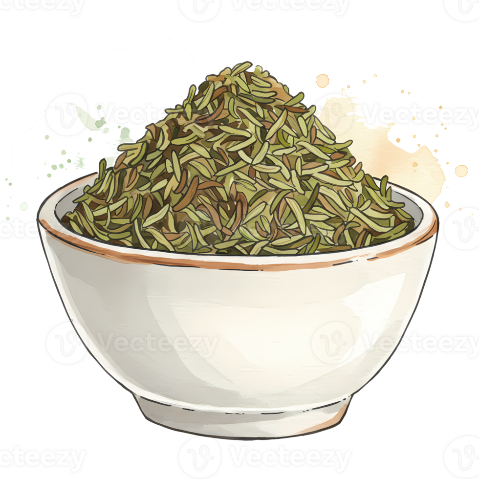 Rosemary herb fills a rustic white bowl, its verdant leaves and earthy hues offering culinary inspiration on a transparent background. png