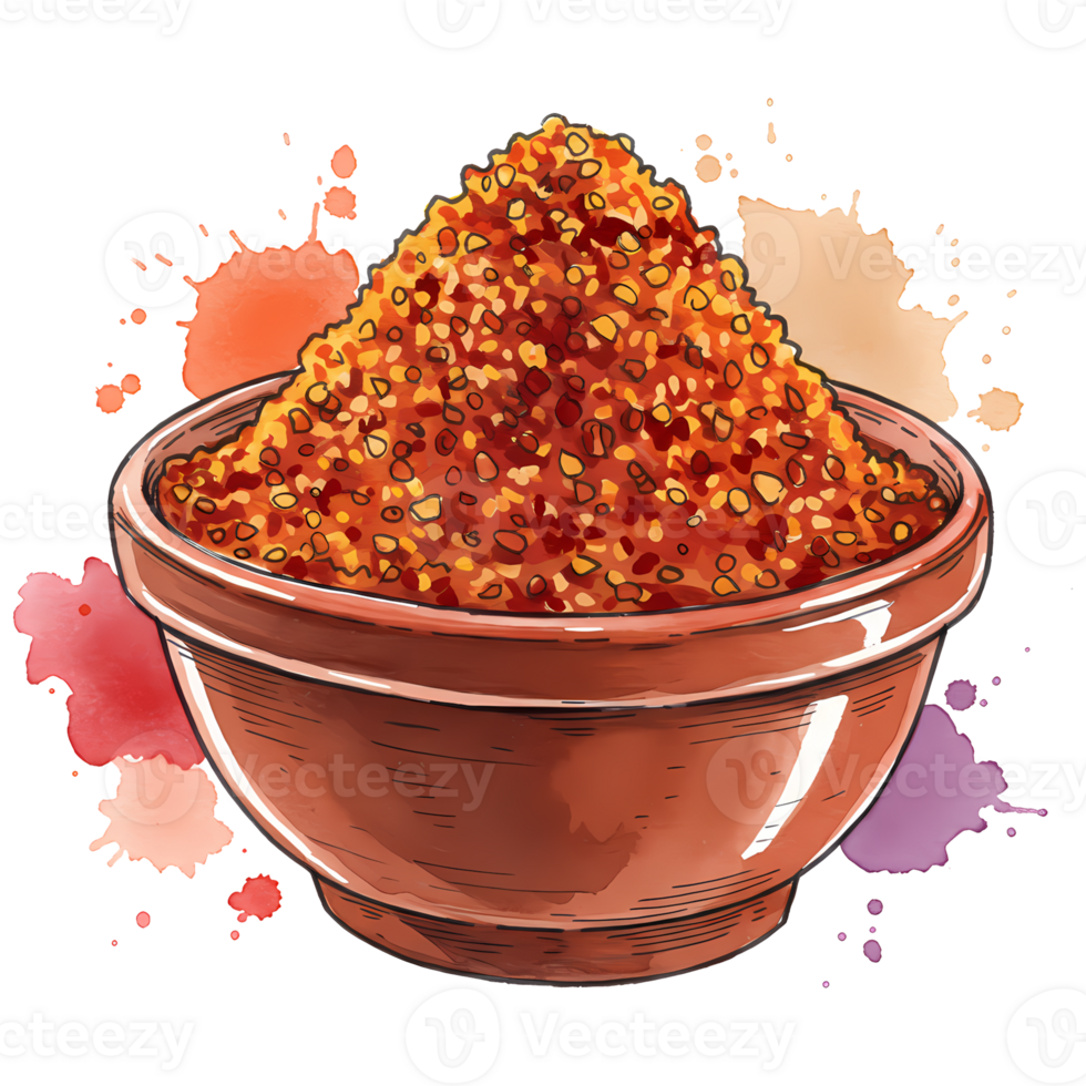 Artistic bowl filled with vibrant red chili flakes presented against a striking transparent background and watercolor accents. png