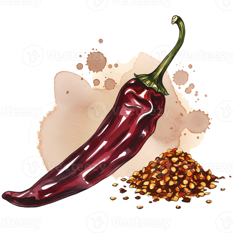 Watercolor art showcases a vibrant red chili pepper alongside flakes, perfect for cuisine and culinary design, the background is transparent, transparent background png