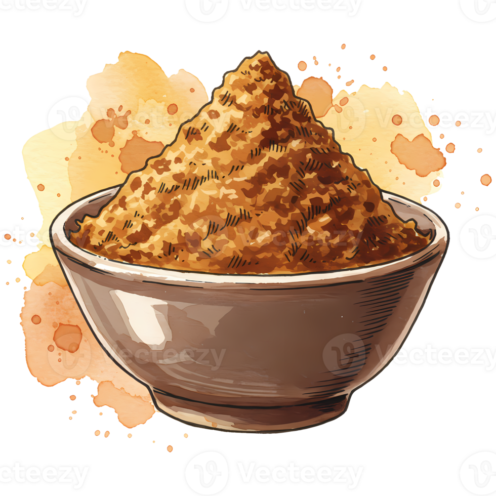 A bowl filled with brown sugar, presented with a watercolor splash effect, is ready to be used in baking and cooking, transparent background png