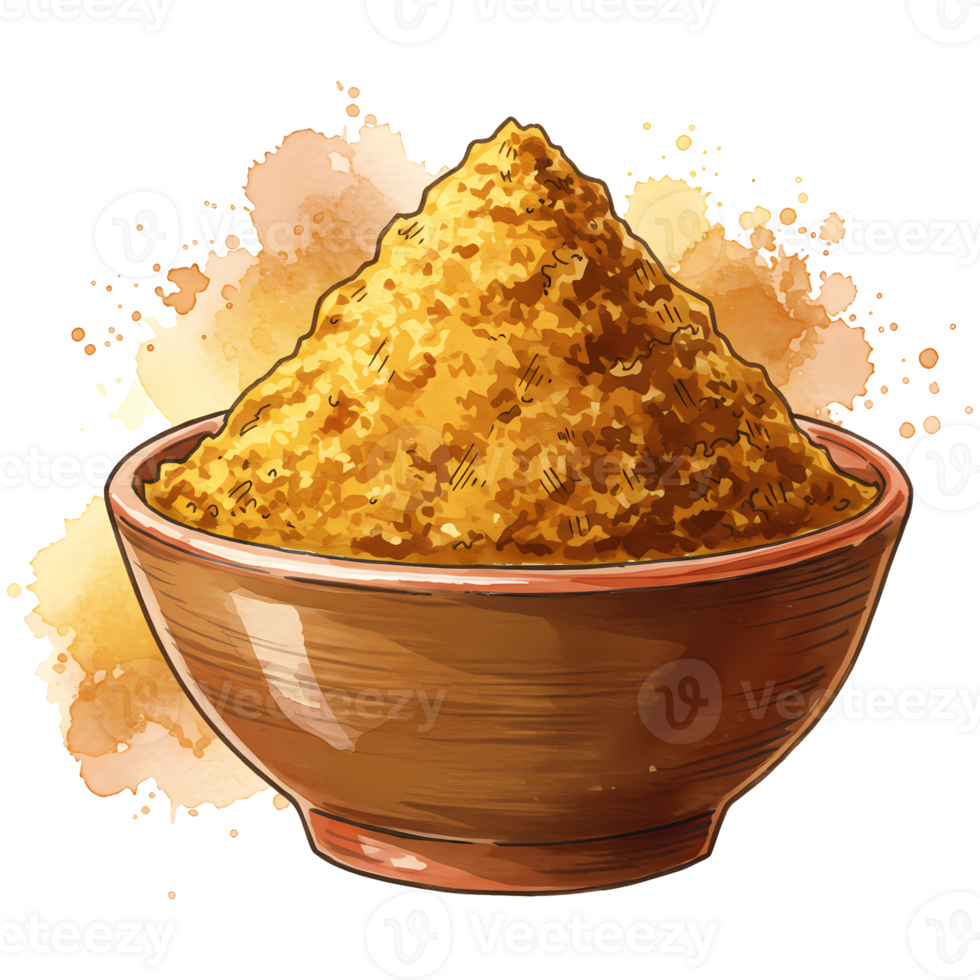 A delightful watercolor illustration presents a bowl overflowing with vibrant ground turmeric, ready to add flavor to culinary creations, transparent background png