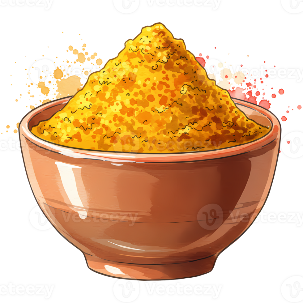 A brimming bowl of vibrant yellow spice powder, possibly curry or turmeric, rendered in a bold, illustrative style against a transparent background. png