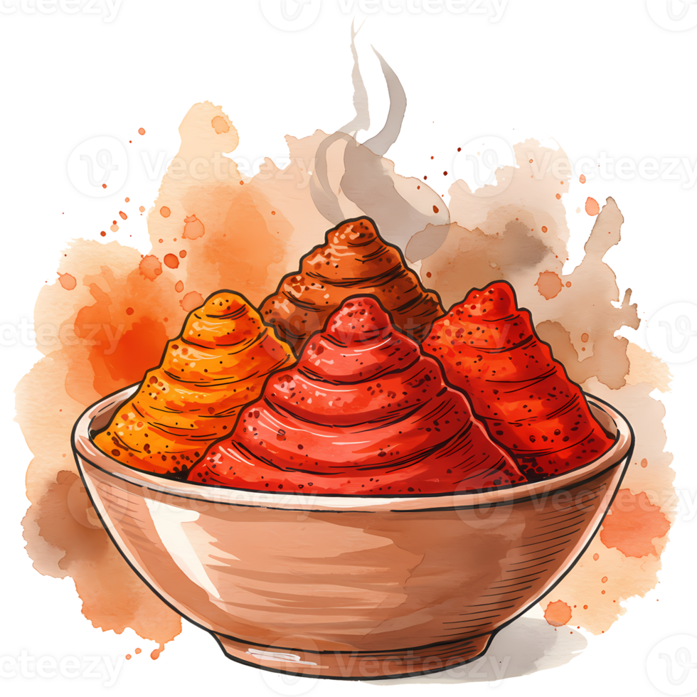 An artistic watercolor depiction showcases a bowl filled with vibrant and colorful piles of ground spices, inviting culinary creativity, transparent background png