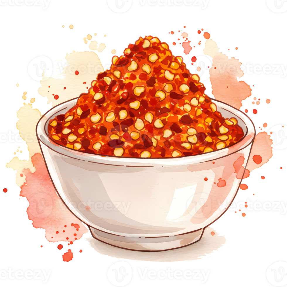 A watercolor style bowl filled with vibrant red chili flakes is presented on a transparent background, ideal for culinary themes. png