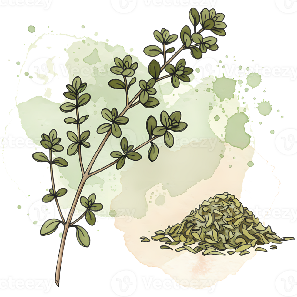Fresh thyme sprig with dried thyme heap, showcasing a culinary herb against a watercolor splash on a transparent backdrop, transparent background png