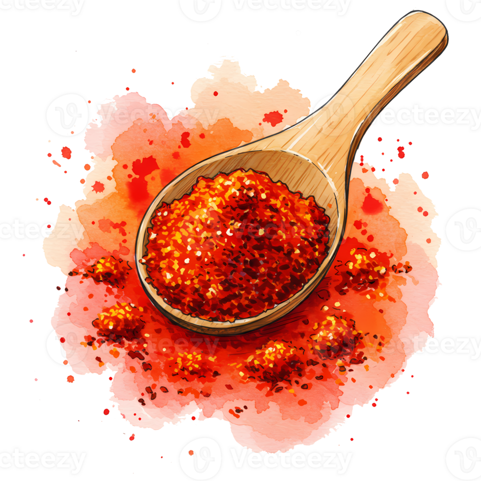 Captivating watercolor shows vibrant red chili flakes in a wooden spoon against a transparent background, perfect for culinary designs. png