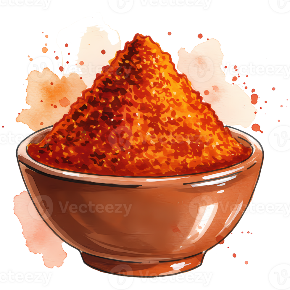 An artistic rendering of a bowl overflowing with vibrant red chili powder against a transparent background with watercolor accents. png