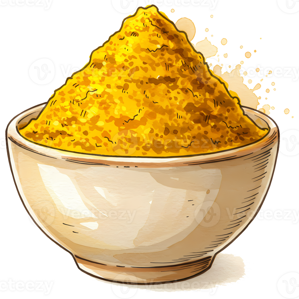 A flavorful mound of vibrant yellow spice fills a ceramic bowl with artful splatters, creating a culinary illustration with transparent background. png