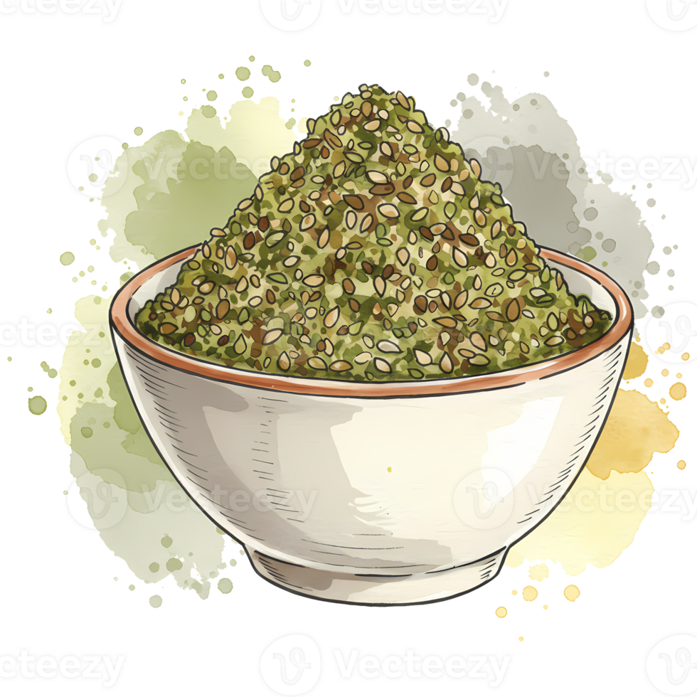 Delightful bowl of Za'atar spice blend, showcasing a fresh and flavorful topping, perfect for culinary creations on a transparent backdrop, transparent background png