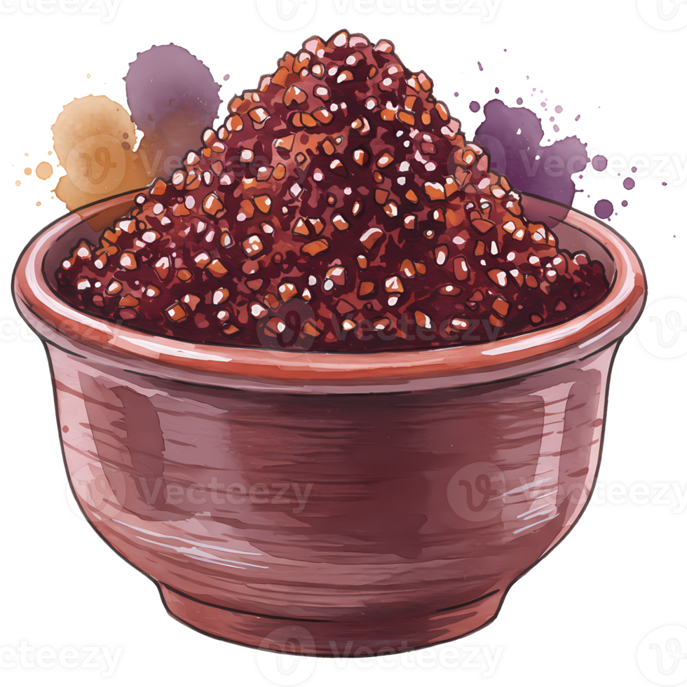 A delightful bowl holds vibrant red and white grains, creating an artistic, watercolor-style food illustration on a transparent background. png