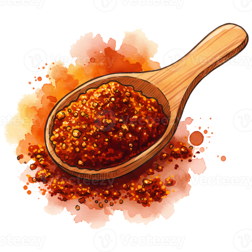 A watercolor rendering shows chili flakes in a wooden spoon against a transparent black backdrop, ideal for culinary designs, transparent background png