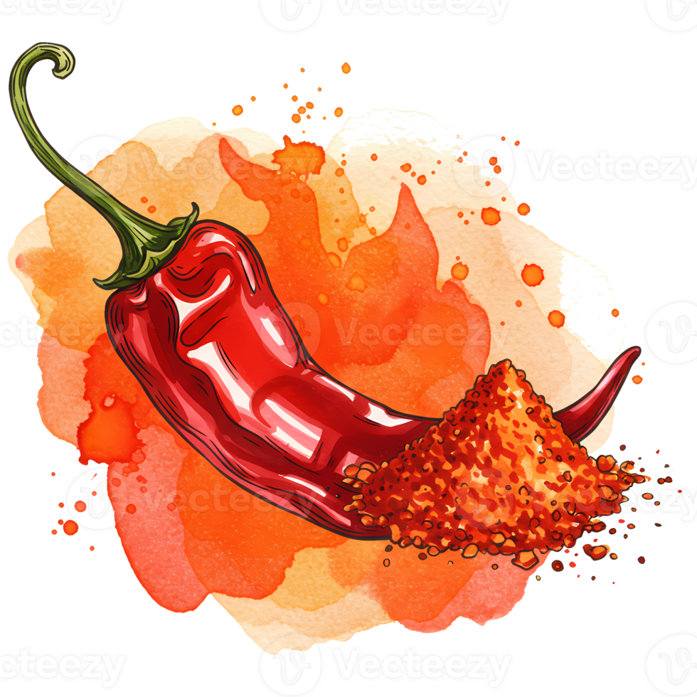 Vivid watercolor painting of a red chili pepper alongside a pile of chili powder, perfect for spice lovers and culinary designs, transparent background png