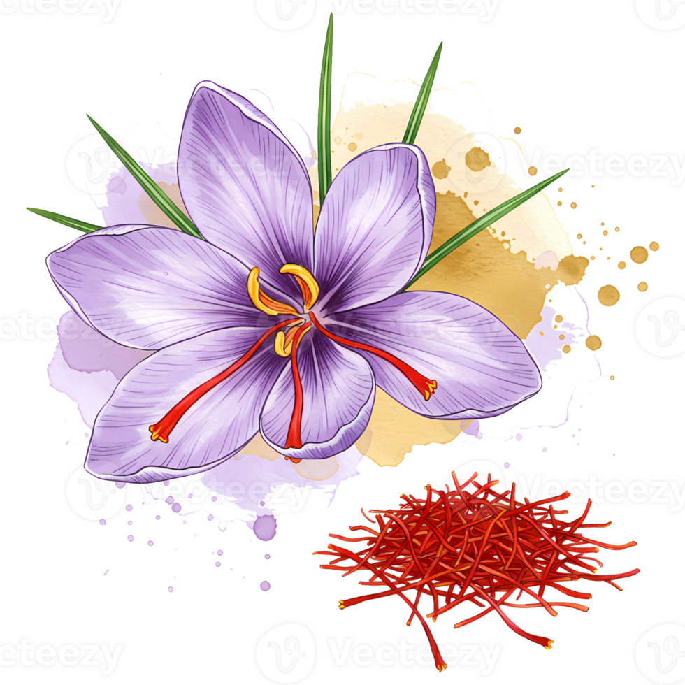 Exquisite saffron flower watercolor style illustration with golden accents and vibrant colors against a transparent background. png