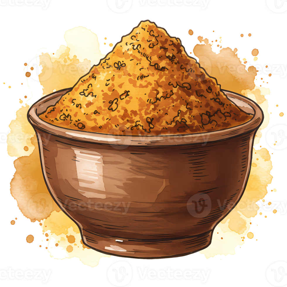 Rustic bowl overflowing with vibrant turmeric powder on a transparent backdrop, creating a warm, earthy tone perfect for culinary creations, transparent background png