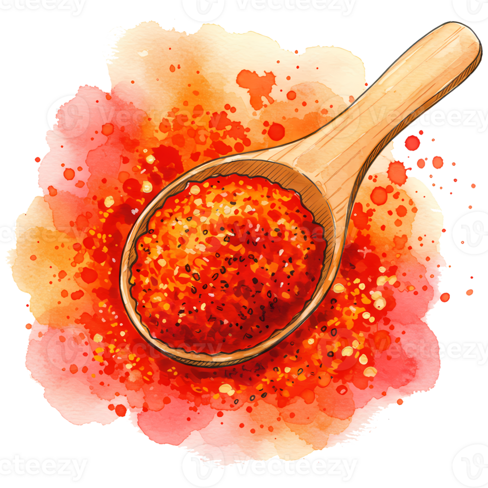 A watercolor painting showcases a wooden spoon filled with vibrant red chili flakes on a transparent transparent background. png