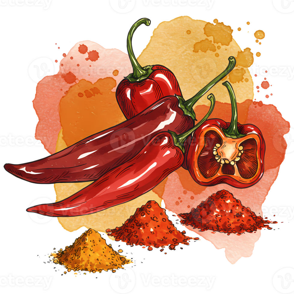 Vibrant watercolor painting showcases red chili peppers and paprika, offering a spicy culinary delight on a transparent background. png