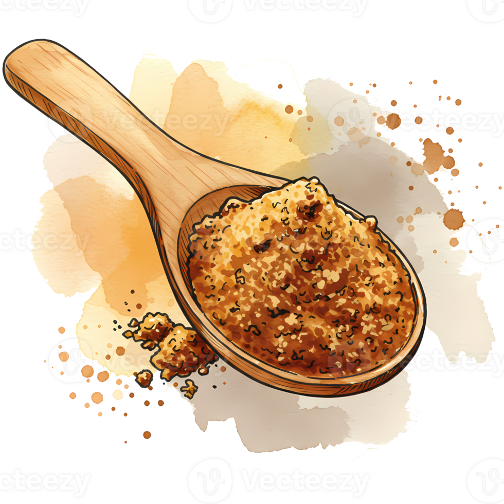 A wooden spoon gracefully holds raw brown sugar against a watercolor splash, showcasing natural sweetness with a rustic charm, transparent background png