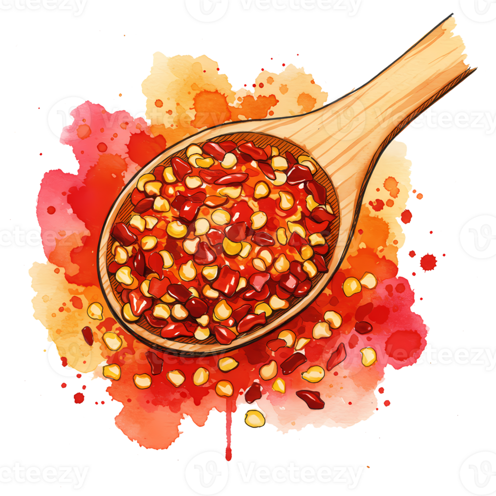 Spicy watercolor art showing a wooden spoon filled with vibrant red chili flakes against a transparent background for a fiery culinary illustration. png