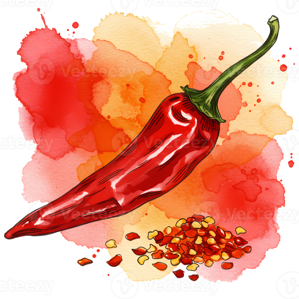 A vibrant watercolor illustration features a red chili pepper with scattered flakes on a transparent backdrop, bringing spicy culinary art to your designs, transparent background png