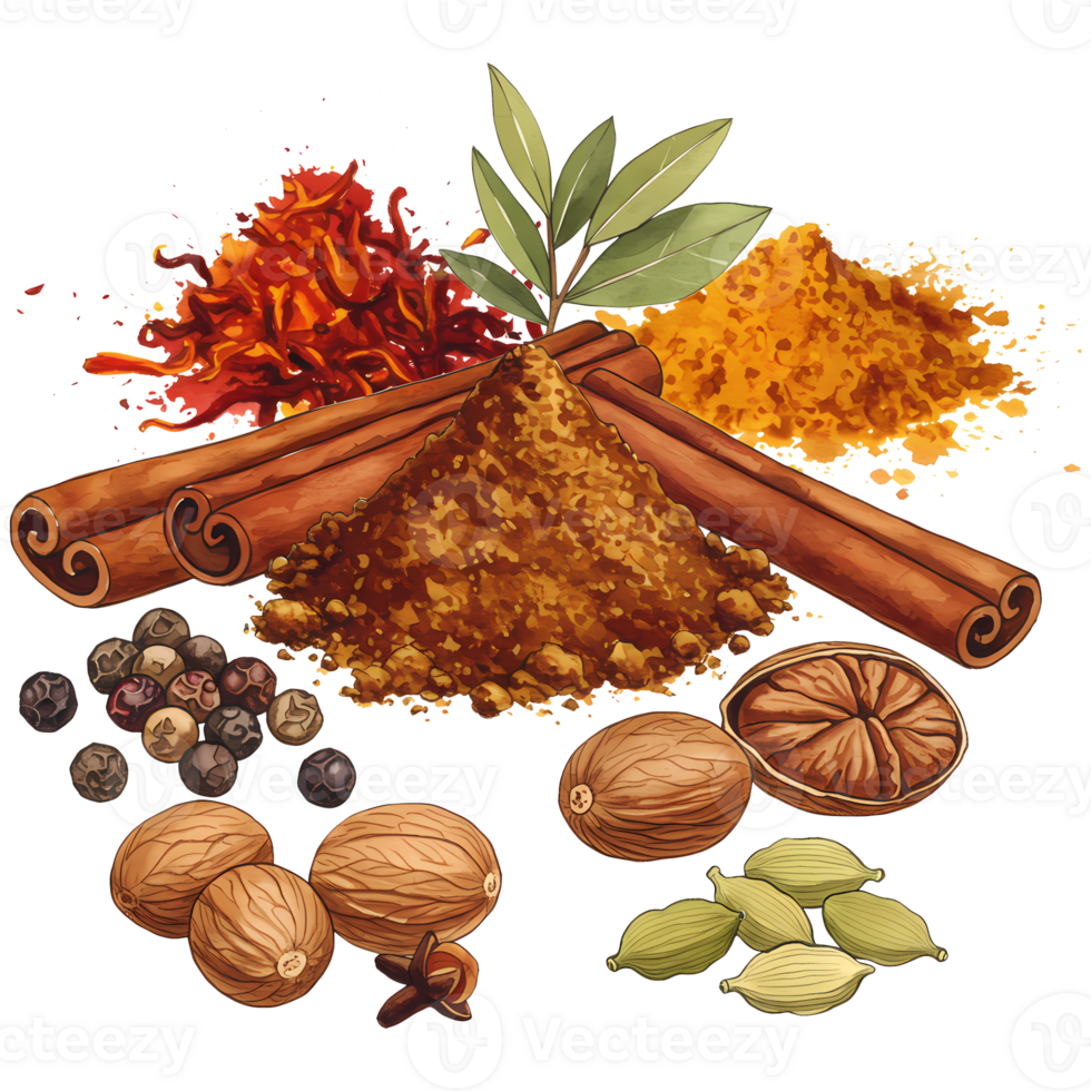 A flavorful assortment of spices, cinnamon, cardamom, nutmeg, peppercorns, and chili powder create an aromatic experience on a transparent background. png