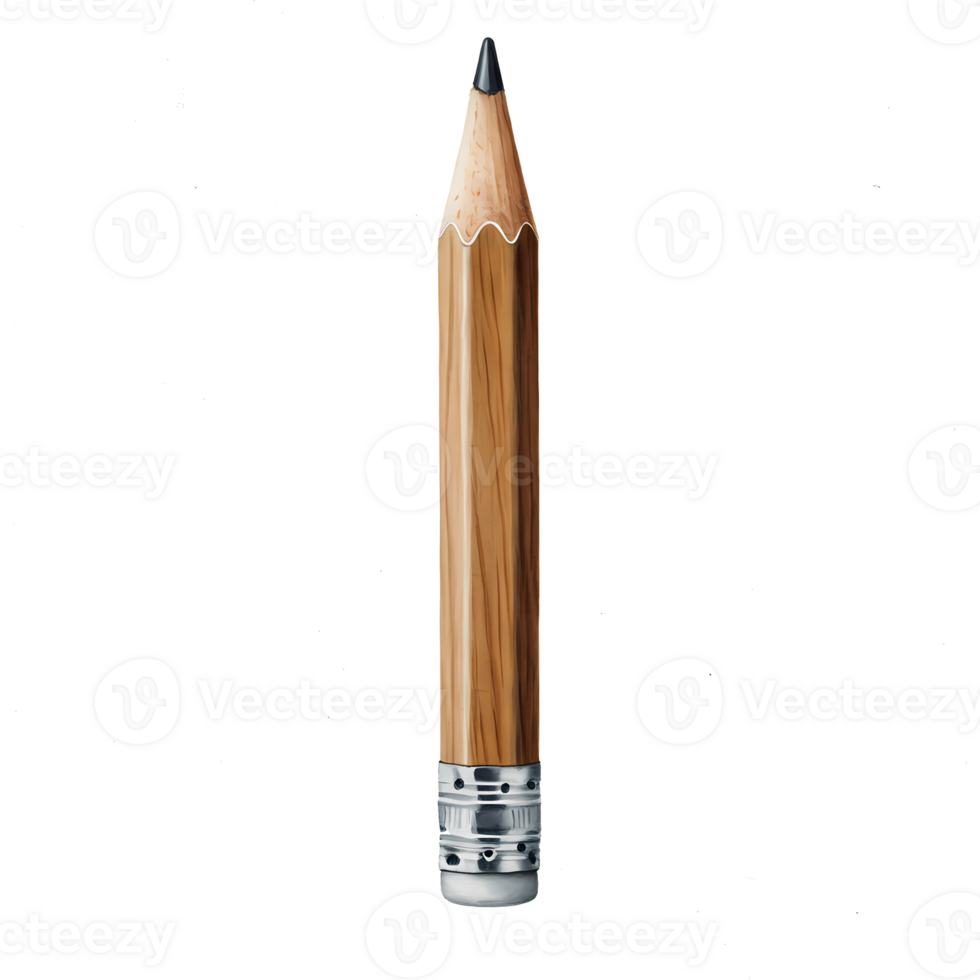 Detailed pencil rendering showcases its wooden texture, graphite tip, and eraser against a stark, transparent background, ideal for creatives. png