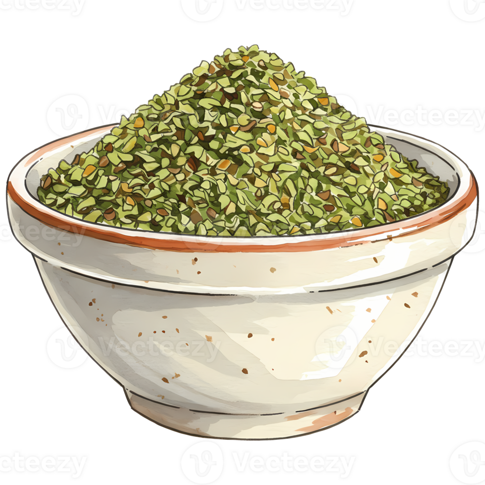A bowl filled with dried oregano flakes, showcasing the culinary herb's earthy green color and appealing visual texture on transparent background. png