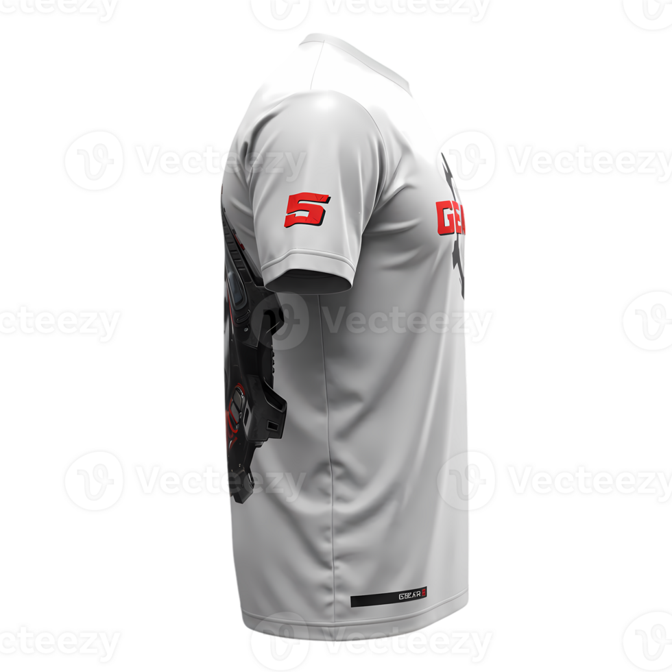 Side view showcases a white tee shirt with futuristic robotic design on the sleeve and bold logo accents, transparent background png