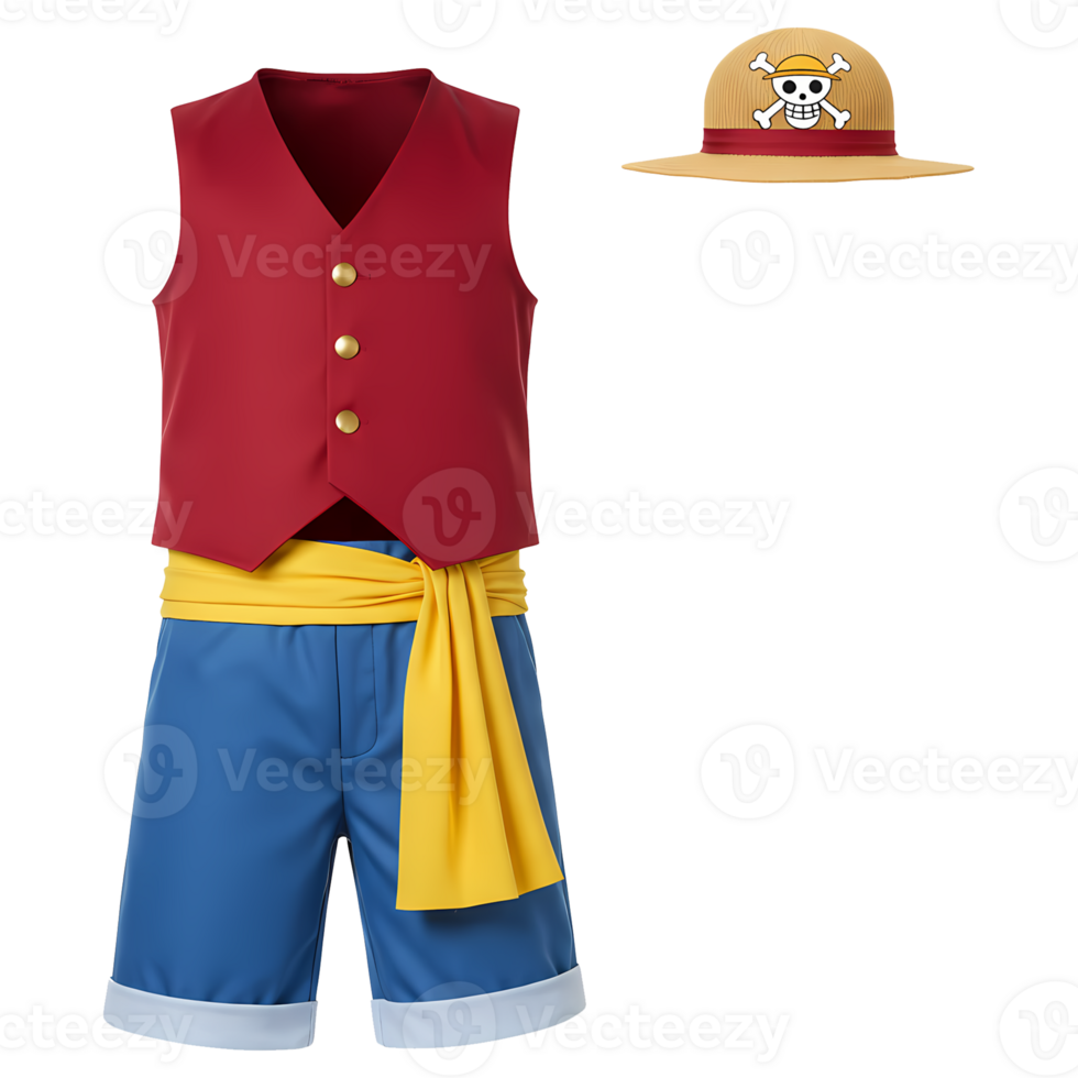 Detailed costume elements showcase a red vest, blue shorts, yellow sash, and iconic straw hat with skull emblem on a transparent background. png