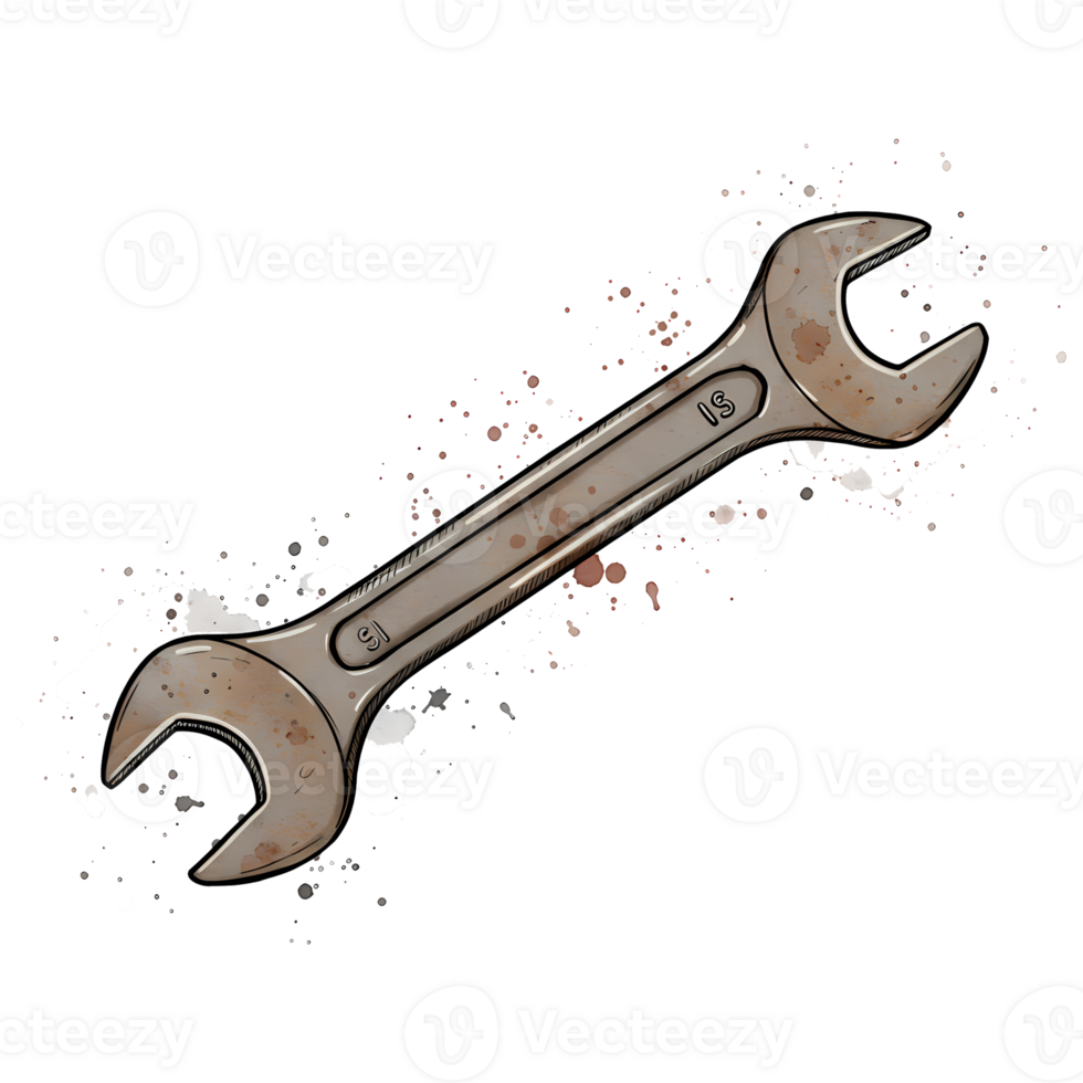Artistic render of a weathered spanner wrench tool on a transparent background, accented with vibrant splashes, ideal for technical themes. png