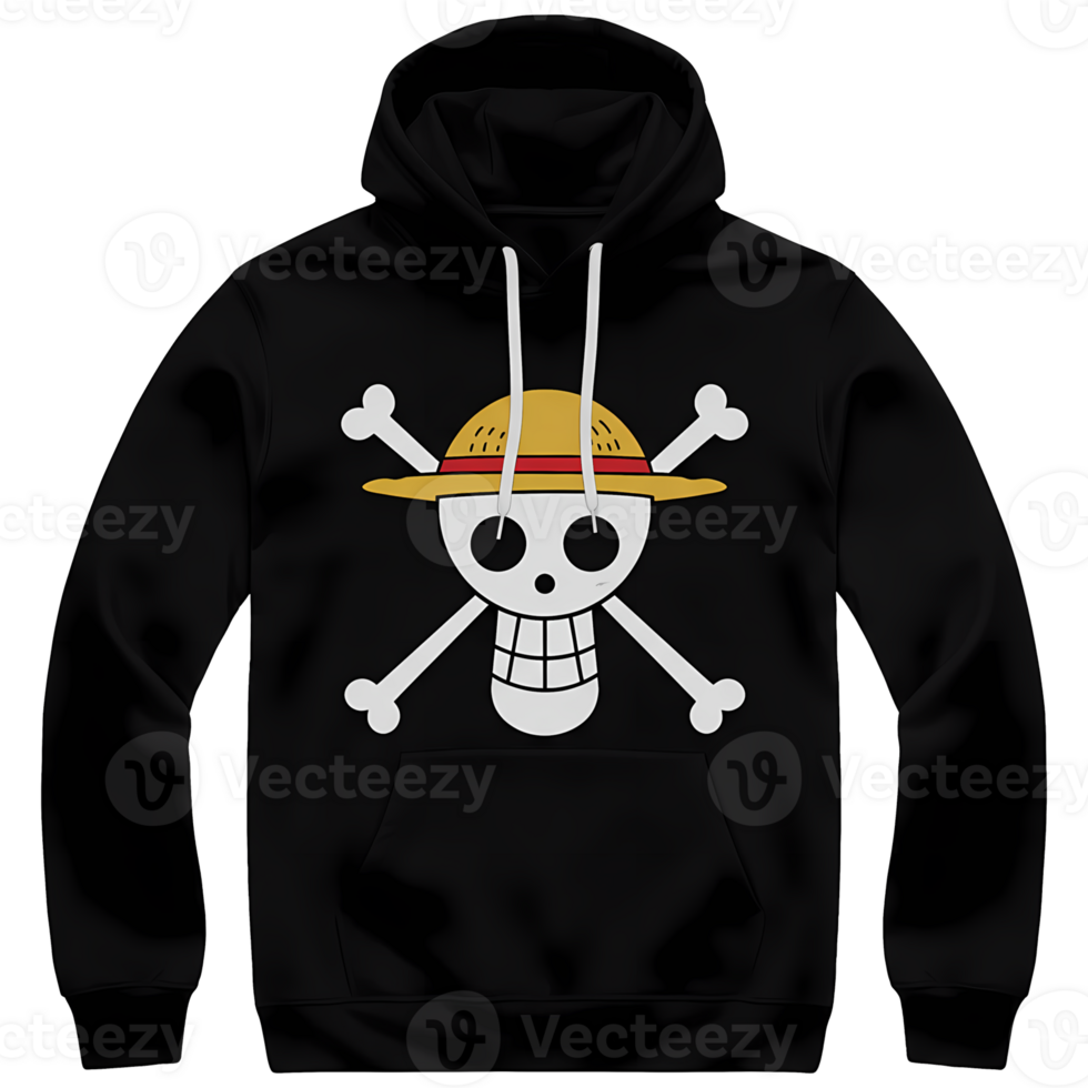 Black hoodie showcasing a bold cartoon skull with a straw hat and crossed bones, a whimsical pirate graphic design element for apparel, transparent background png
